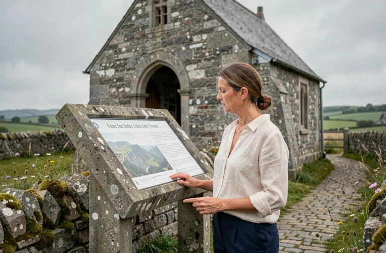 Femme explorant un patrimoine architectural breton devant une chapelle en granite à la campagne bretonne
