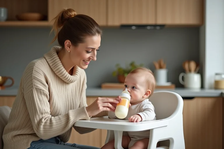 Jeune maman prépare un biberon pour son bébé dans la cuisine