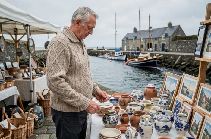 Homme âgé découvrant des céramiques artisanales bretonnes dans un marché d'artisanat au bord du port