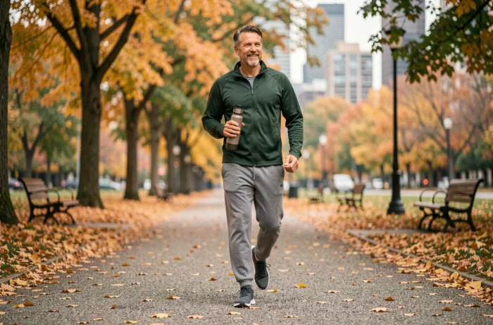 Homme pratiquant la marche sportive dans un parc urbain en automne pour améliorer sa santé