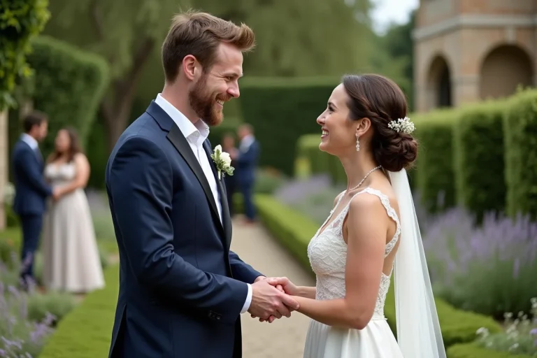 Homme en costume et femme en robe de mariage dans un jardin
