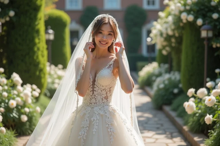 Jeune femme en robe de mariage brodee ajustant son voile