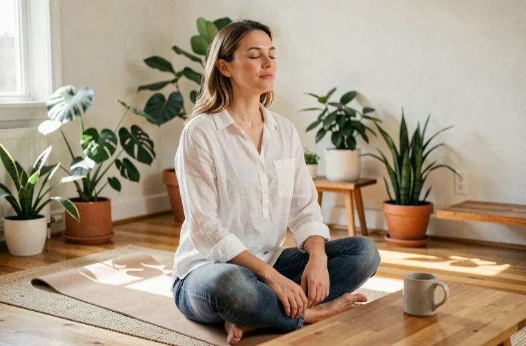 Femme pratiquant la méditation matinale chez elle pour prendre soin de sa santé au quotidien