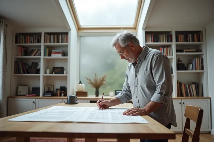 Niklas Niklasson annotant une partition orchestrale dans un bureau de style scandinave