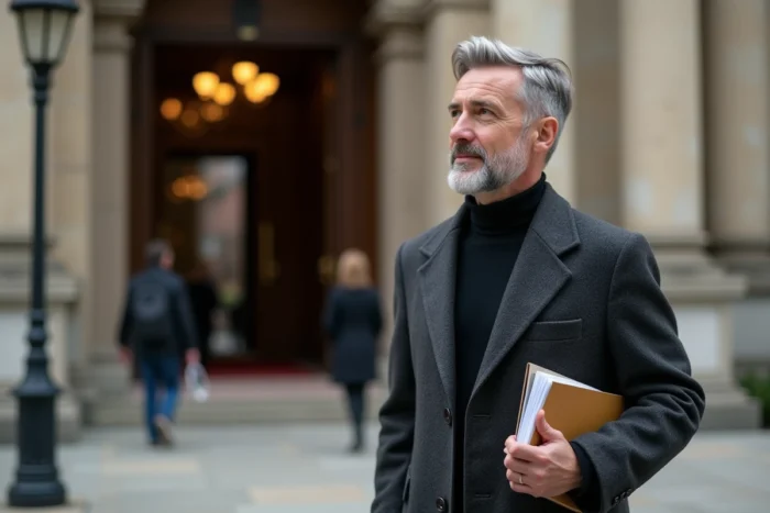 Niklas Niklasson devant la façade d'une salle de concert classique tenant un programme musical
