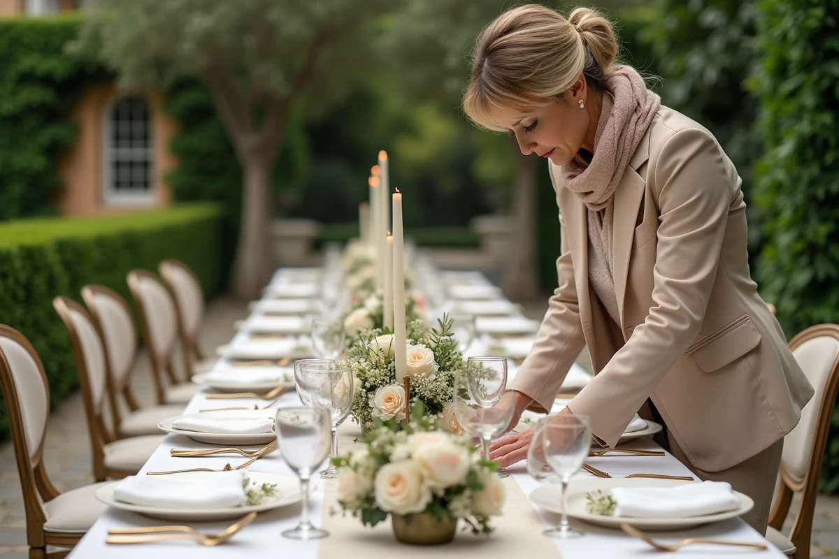 Femme planificatrice de mariage ajustant une table extérieure