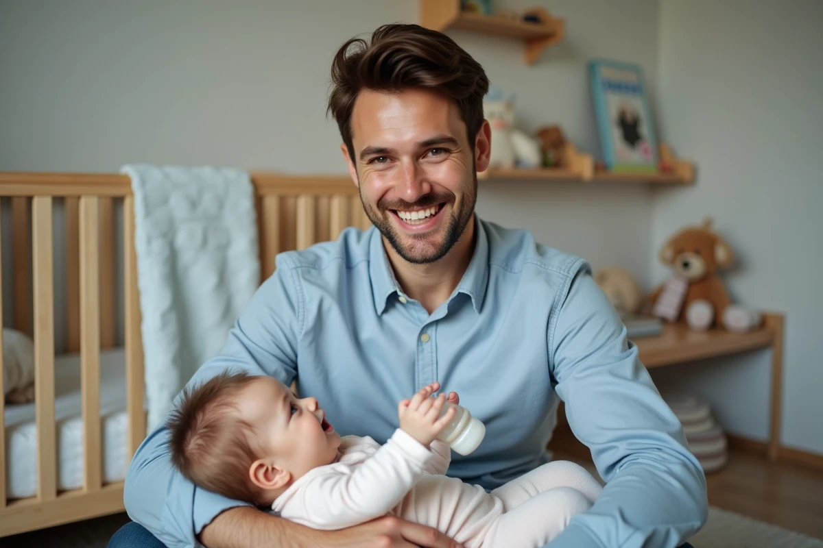 Père joue avec sa fille dans une nurserie chaleureuse