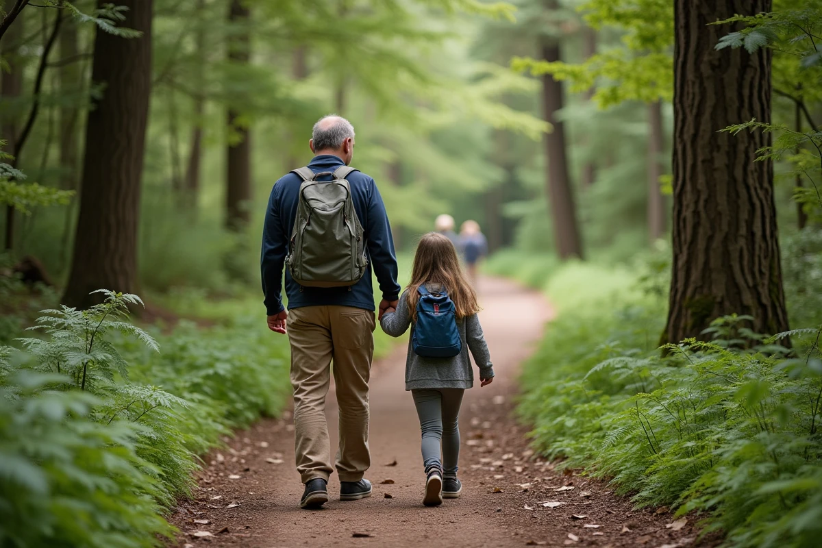 Père et fille marchant dans la forêt en discutant joyeusement