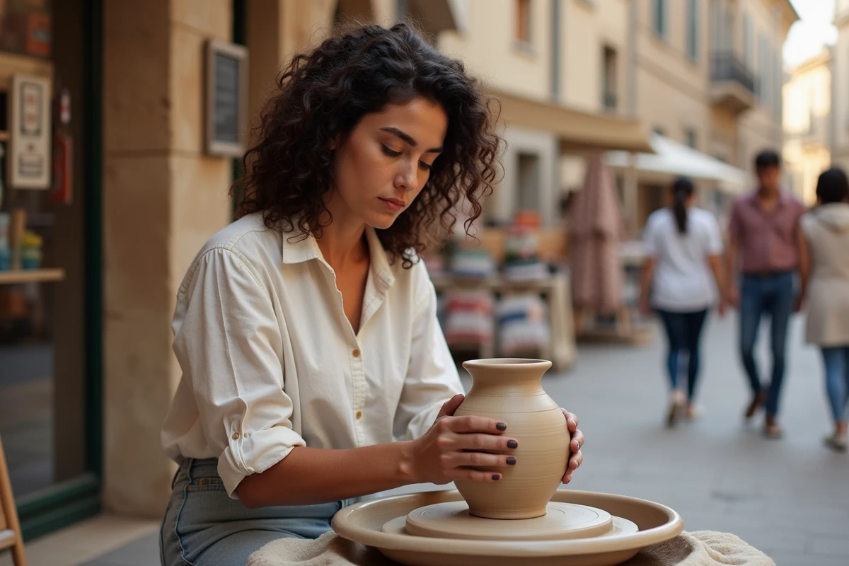 Jeune femme potière façonnant un vase en argile dans un marché