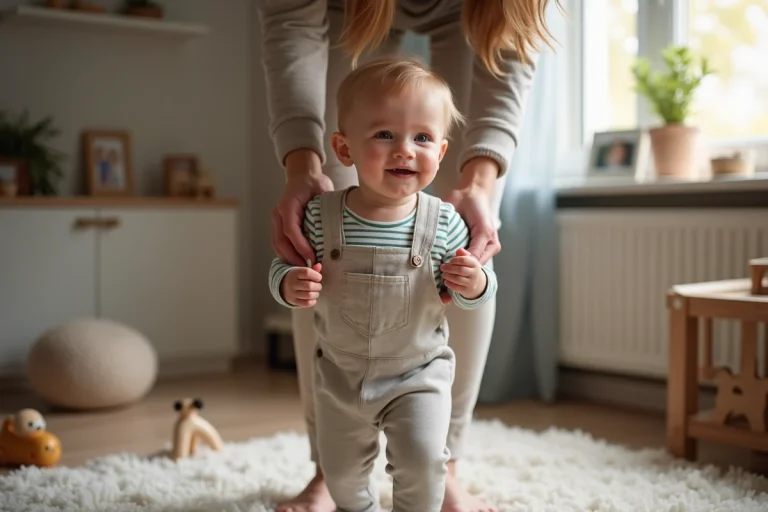 Jeune maman aidant son bébé à marcher dans le salon