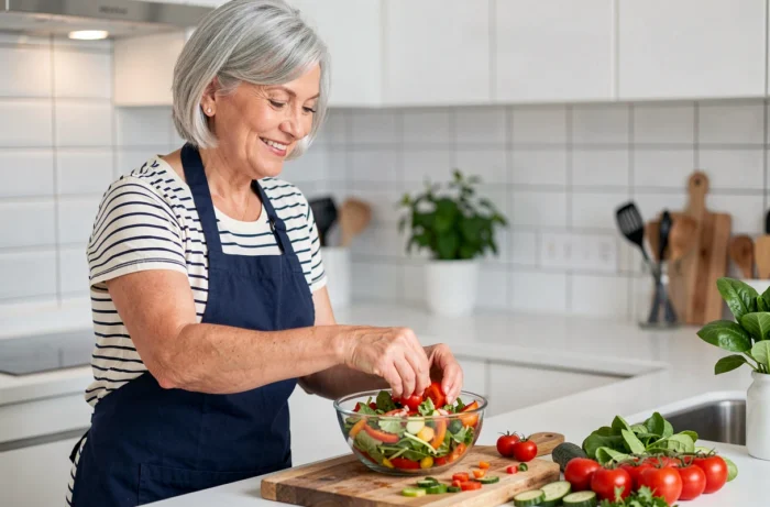 Femme préparant une salade de légumes frais dans une cuisine moderne pour une alimentation saine au quotidien