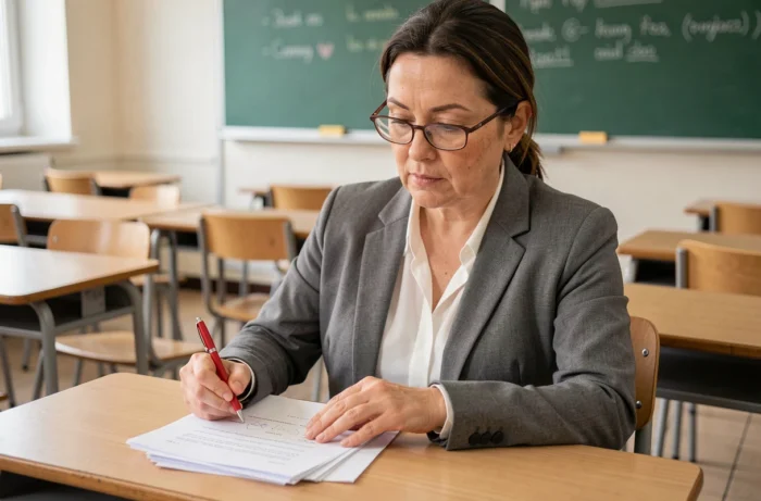 Professeure de grammaire corrigeant des exercices imprimés sur les classes grammaticales dans une salle de classe vide avec un tableau vert en arrière-plan