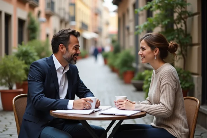 Deux professionnels discutant de stratégie de développement d'entreprise en terrasse de café