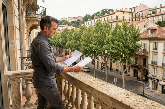 Propriétaire sur le balcon d'un appartement ancien à Lyon évaluant le prix de son bien avec vue sur le quartier de la Croix-Rousse