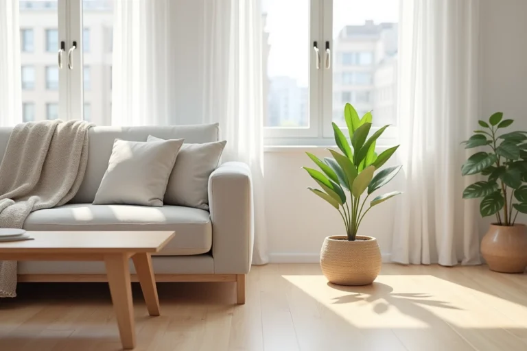 Salon moderne bien équipé avec canapé en lin, table basse en bois et plante d'intérieur sur parquet chêne clair