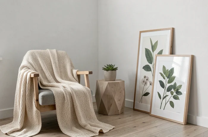 Coin salon scandinave avec fauteuil et plaid tricoté, table d'appoint géométrique et impressions botaniques encadrées
