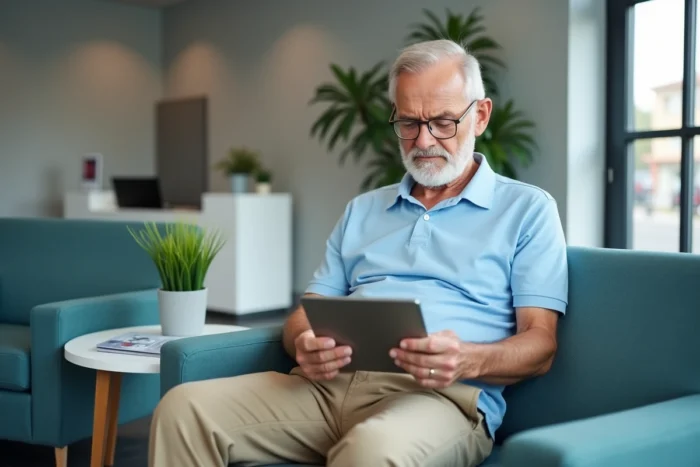Un homme senior utilise une tablette dans une salle d'attente médicale pour accéder aux services dédiés aux personnes âgées