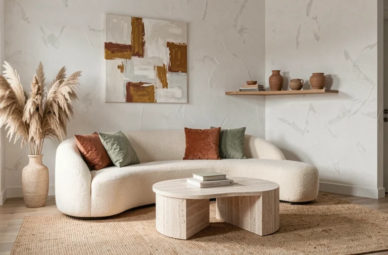 Salon moderne avec canapé bouclé crème, coussins terracotta et table basse en travertin, tendances déco intérieure actuelle