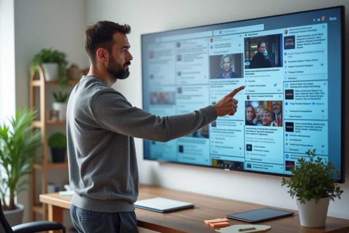 Homme vérifiant des informations et contre-informations sur un grand écran dans un bureau à domicile contemporain