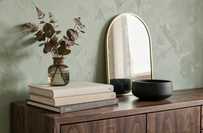 Vignette déco tendance sur un buffet en noyer avec vase en verre côtelé, miroir arche en laiton et céramiques artisanales