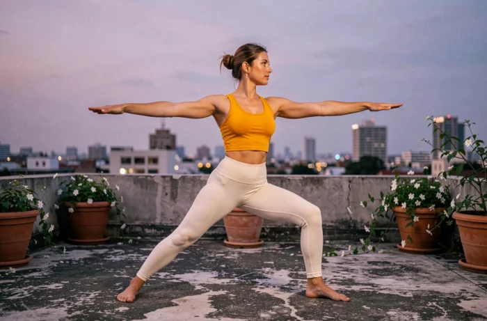 Femme en tenue de yoga jaune safran en posture du guerrier II sur un toit urbain au crépuscule, illustrant l'effet des couleurs chaudes sur le bien-être