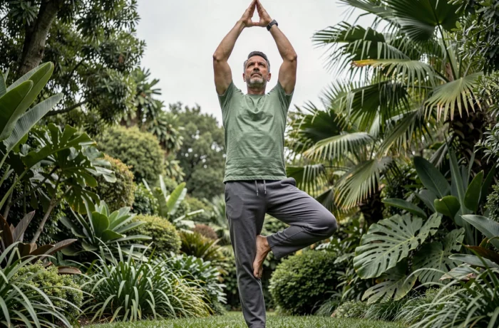 Homme en haut de yoga vert sauge en posture de l'arbre dans un jardin botanique verdoyant, illustrant l'harmonie des couleurs naturelles et le bien-être